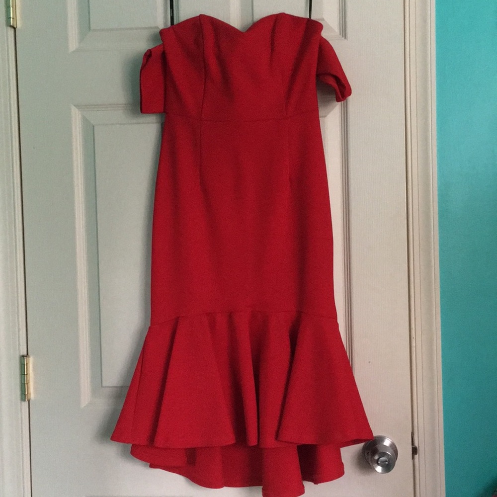 Red strapless high-low dress with flare bottom